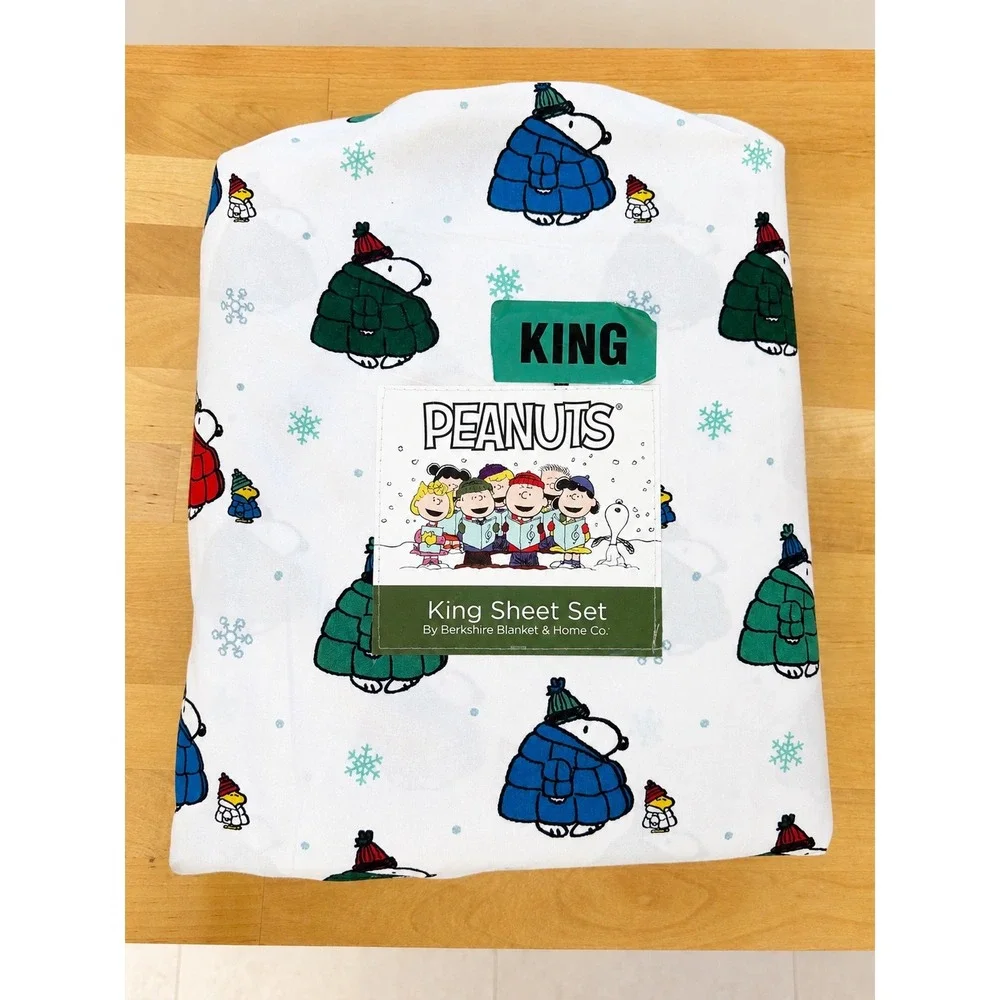 Peanuts Snoopy Woodstock Puffer Jacket King Sheet Set Berkshire Winter Snow NEW